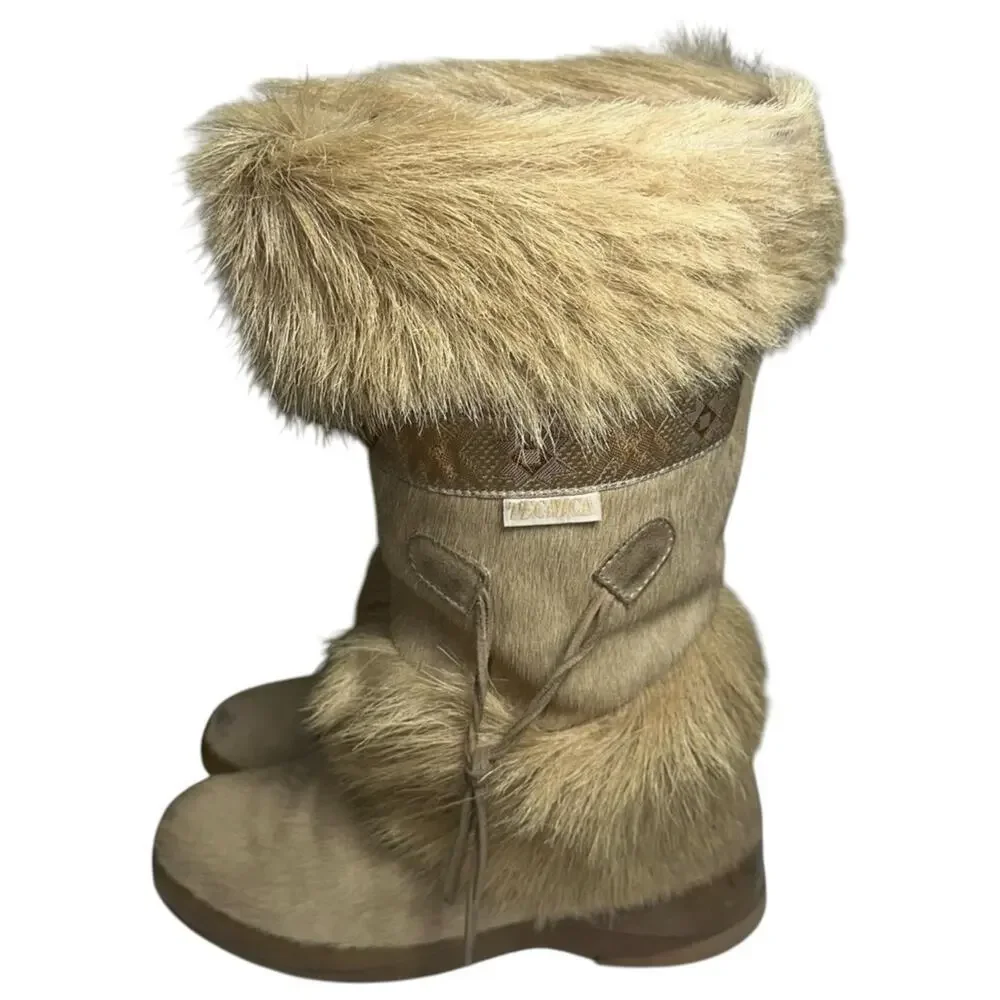 Tecnica Vintage 1973 Sz 7.5 Tan Skandia Pony Hair Fur Trim Mid Calf Winter Boots